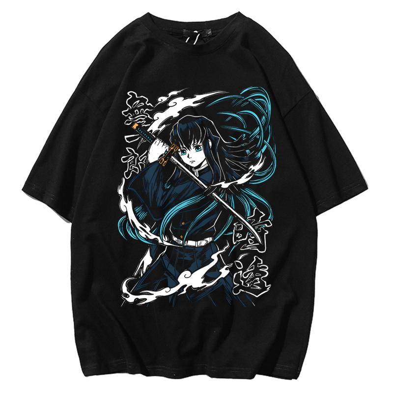 Trend Summer 2025 Cosplay Neutral Black and White Muichiro Tokito T-shirt Kimetsu Yaiba Demon Slayer Anime Black Shirt Soft Tee