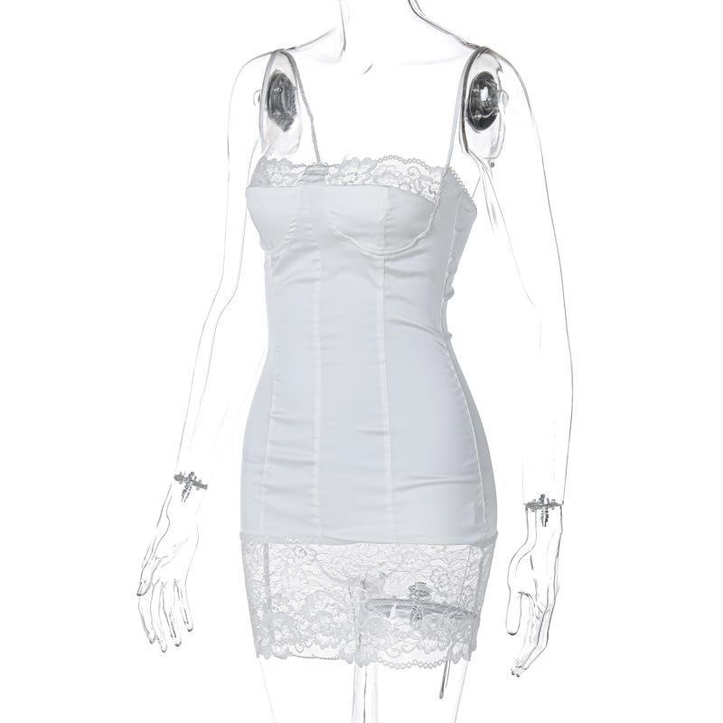 Evropské a americké Y2K jednobarevné elegantní minišaty bez rukávů na ramínka s retro krajkovým lemem