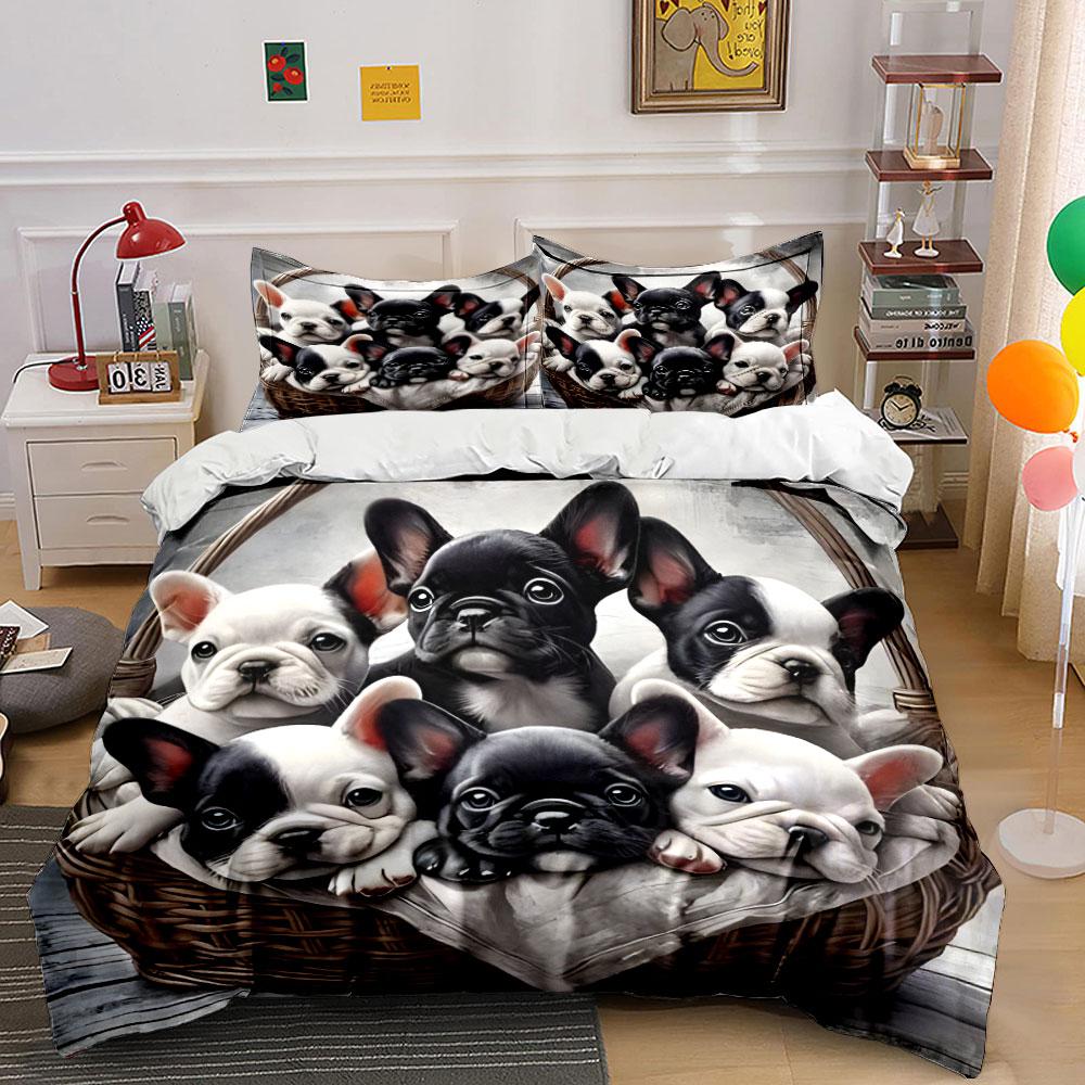 French Bulldog Puppies Basket Bedding Duvet Cover Set (1*Duvet Cover 2*Pillowcases, without duvet insert)