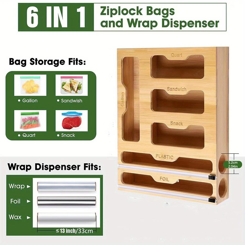 1pc 6 types of grids Plastic Organizer Kitchen Storage Box,Ziplock Bag Organizer&Foil&Plastic Wrap Dispenser With Cutter Bamboo.