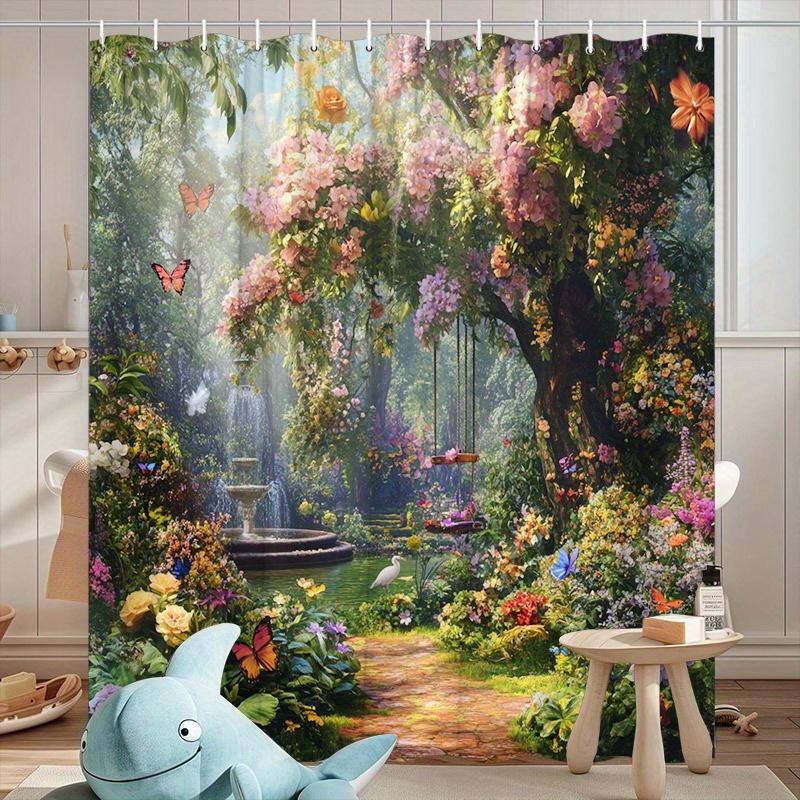 Enchanted Garden Print Waterproof Shower Curtain For Bathroom,Vibrant Floral &Butterfly Design High-End Toilet Partition Curtain