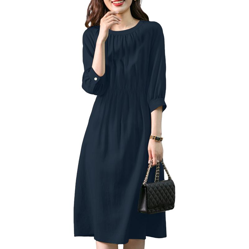 ZANZEA Women Casual Round Neck Loose 3/4 Sleeve Dress