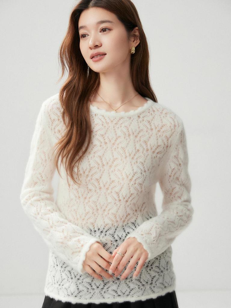 Women's Loose Knit Cashmere Sweater with Hollow Bead Lace and Floral Round Neck