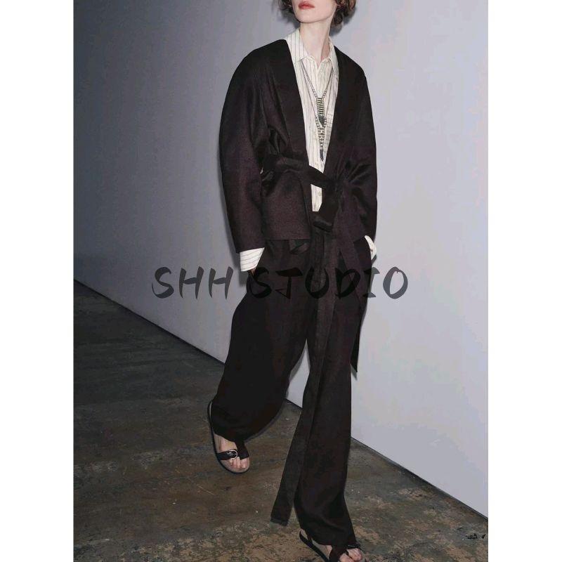 With Belt Round Neck Kimono Coat 8426329 Linen Blended Balloon Mid Waist Pants 7627242