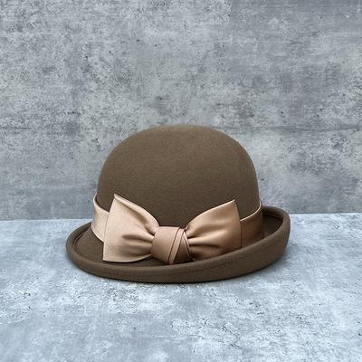 Herbst Und Winter Koreanische Schleife Bowler Hut Damen Woll-Bucket-Hat Vielseitige Mode Elegant Geschwungener Beckenhut