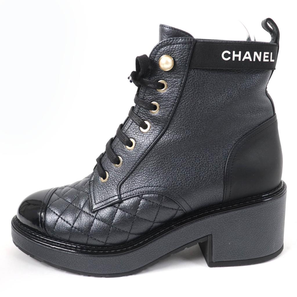 Excellent CHANEL Ankle boots Logo Matelasse F Pearl Lace-up Women 37 G38514 Used