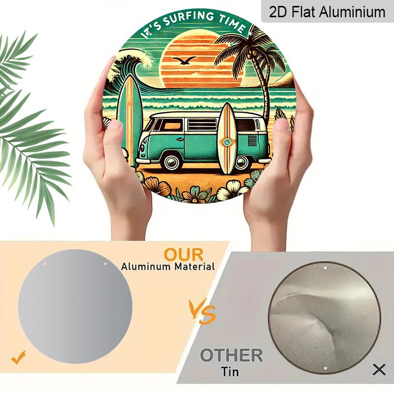 2D Flach, 1 Stück Rundes Aluminiumschild, "It's Surfing Time" Retro Strandbus-Design, Vintage Surfen & Palme Metall Wandkunst, Ideal für Strandhaus