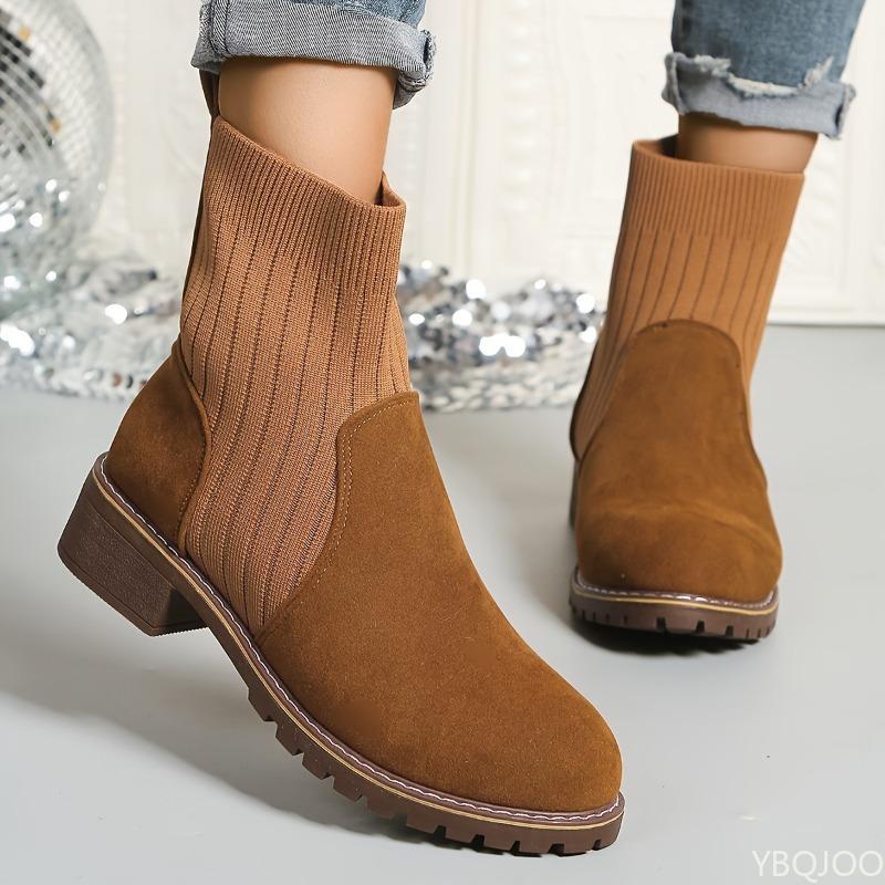 Fashion Women's Autumn Winter New Thick Heel Short Boots Retro Midsole Simple Comfortable Daily Casual Knitted Women's Boots