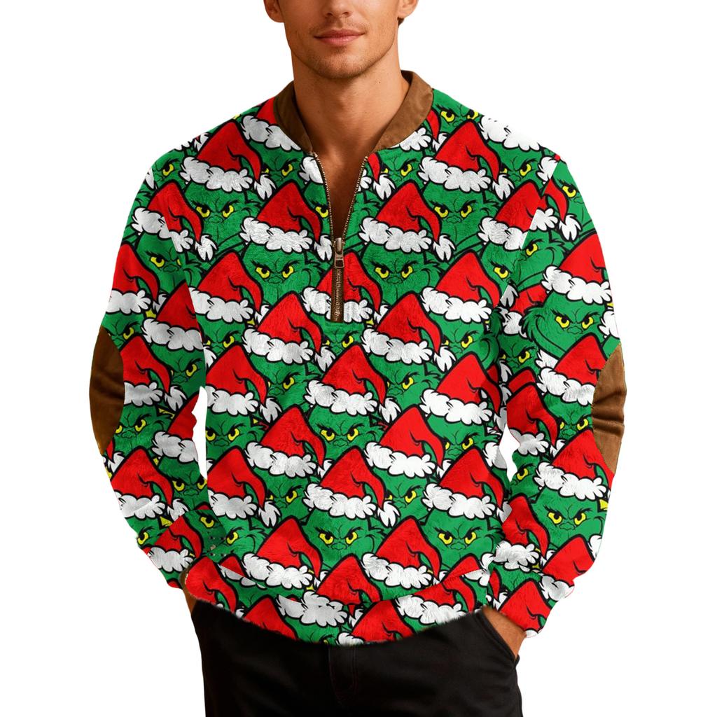 Mens Christmas Zip Up Sweatshirts Xmas Stand Collar Pullover Tops