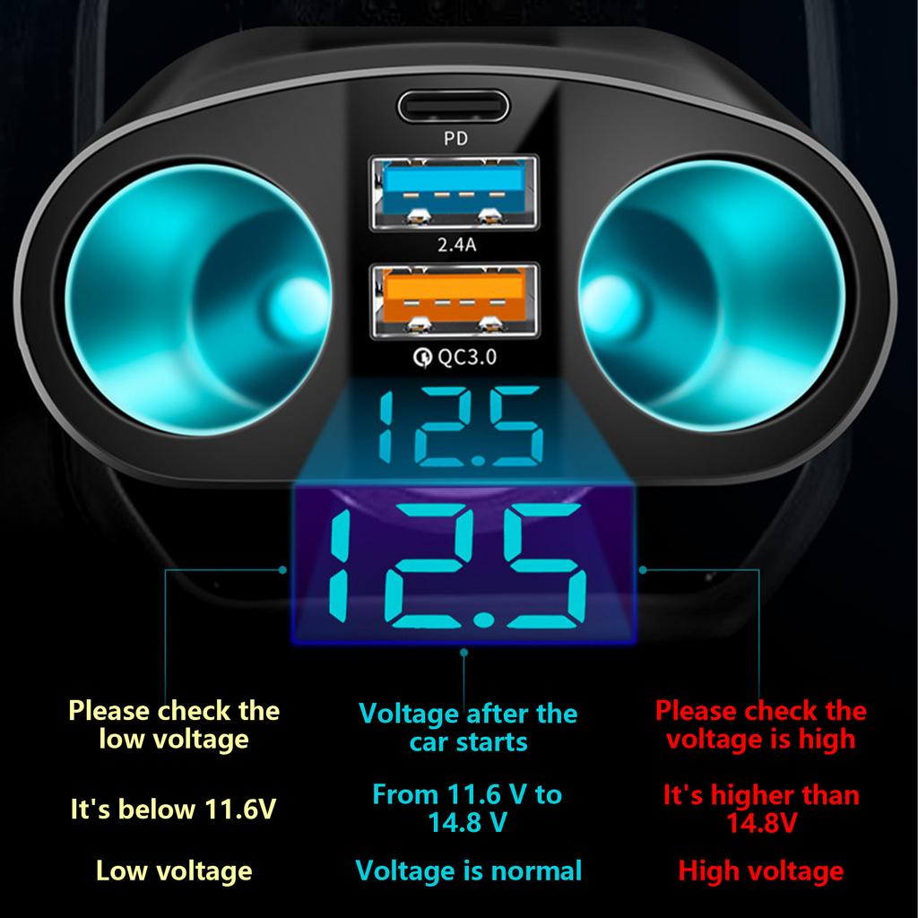 5 in 1 Car Charger Double USB Port Type C Quick Charging Power Splitter Adapter with Blue LED Light for Phones Tablets