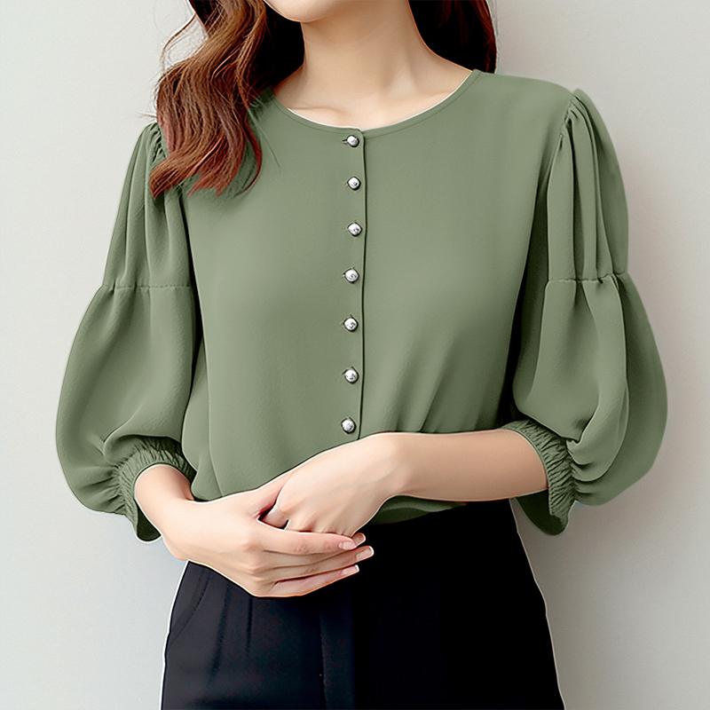 

ZANZEA Women Casual Elastic Cuffs Three-quarter Sleeve Loose Blouse зелений