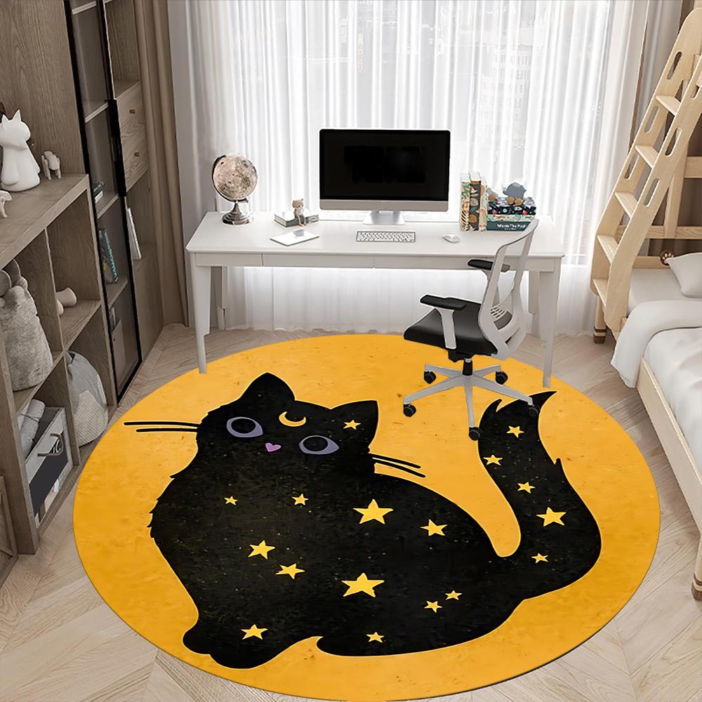 1pc Moon Cat Office Round Area Rug, Mat Suitable For Office, Under Office Chairs Bedroom Living Room Home Decor, Room Deco