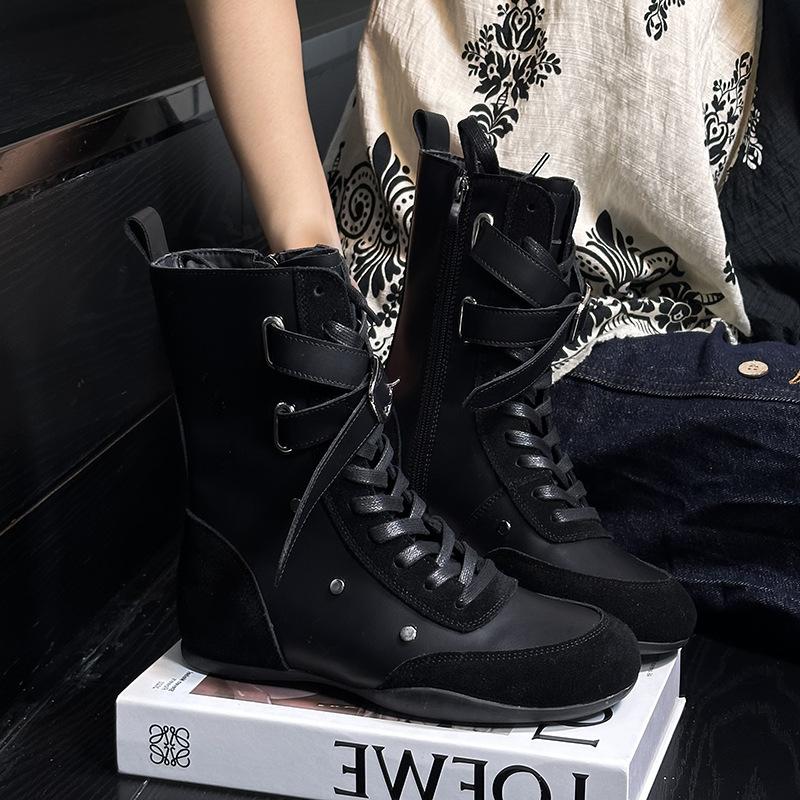 

Европейские крутые красивые боксерки женские 2025 новые круглый носок плоская подошва высокий верх немецкие тренировочные туфли универсальные повседневные короткие ботинки ботинки Мартин 40 чёрный