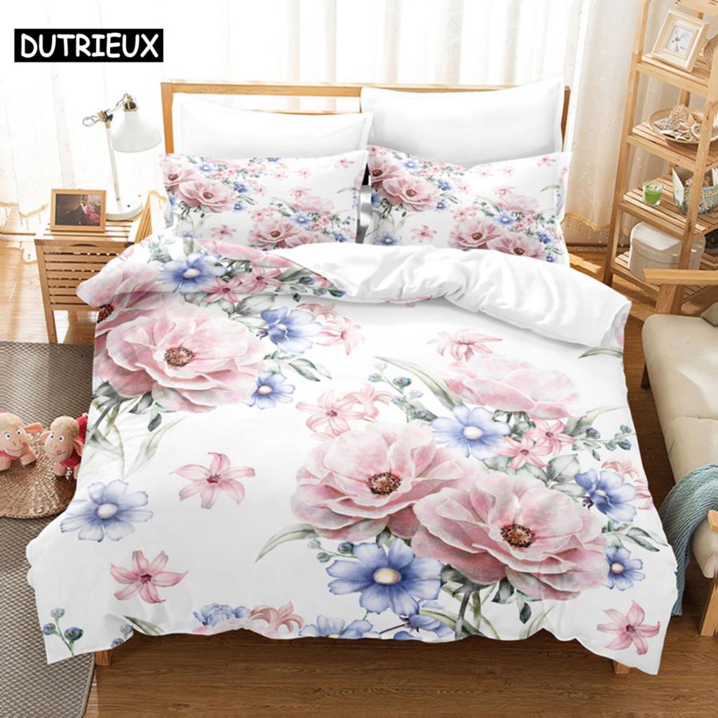 Pink Flower Duvet Cover and Pillowcases Set King Size 220x240 Double Bed Single 3D Queen Bedding Sets Pink Full Twin Quilt Linen