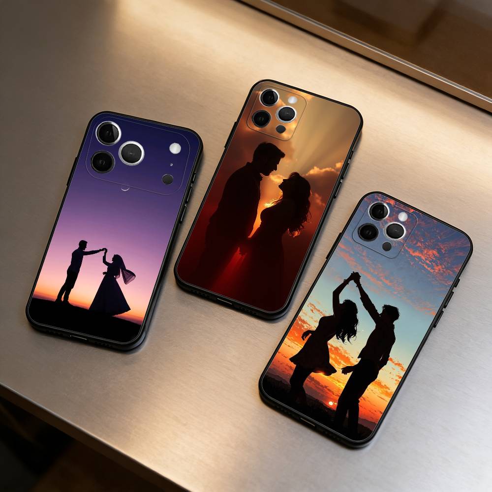 Romantic Couple Silhouettes Phone Case For iPhone 17,16,15,14,13,12,11 Plus,Pro Max,Soft Silicone Black Cover