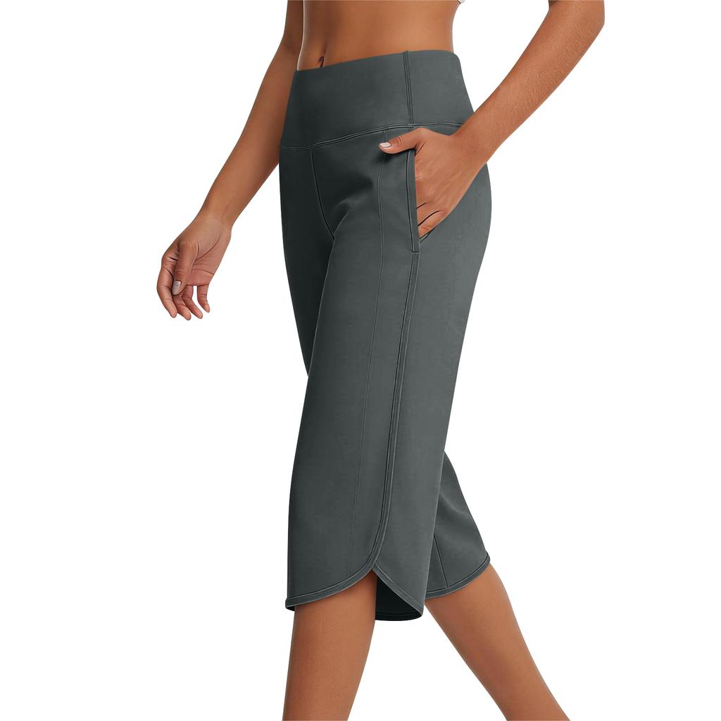 High Waist Wide Leg Capri Pants for Women with Pockets Loose Fit Stretchy Cropped Trousers for Sports Yoga Casual Wear