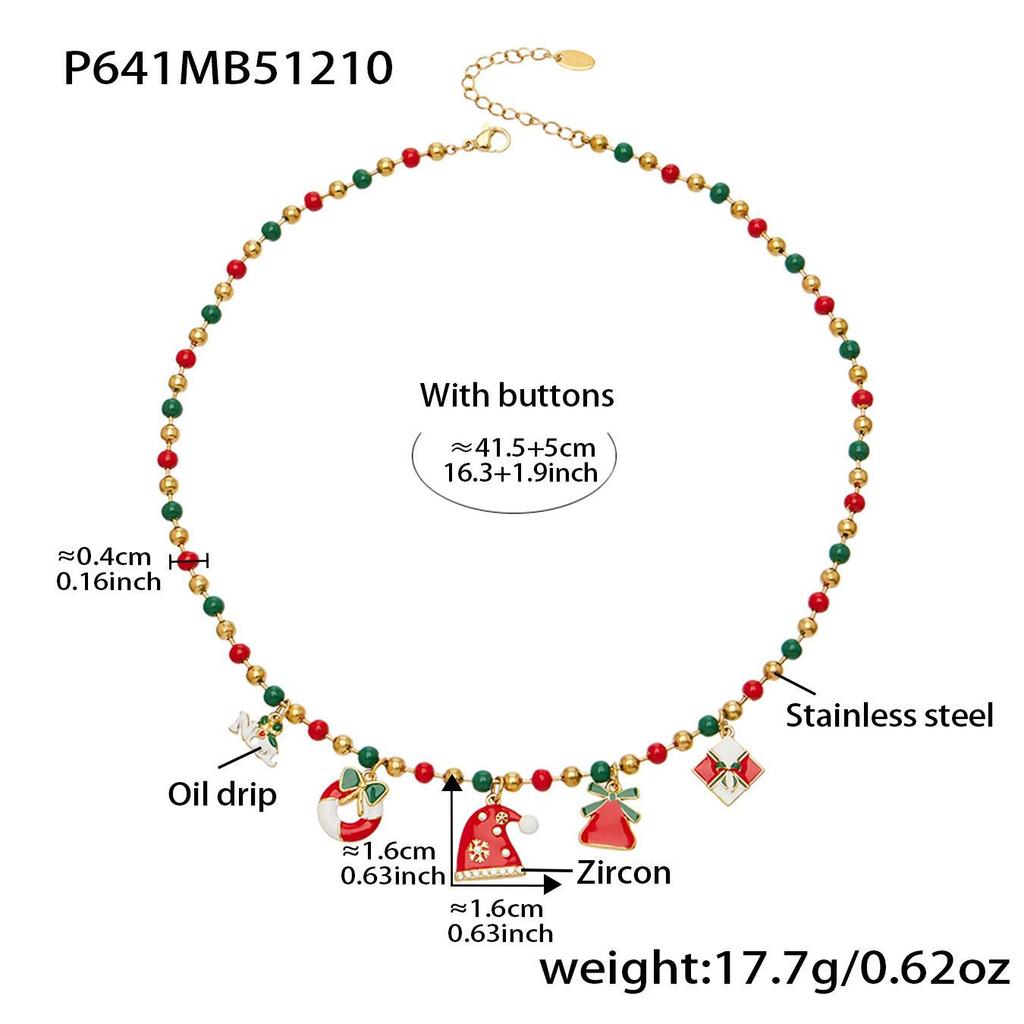 Santa Claus Stainless Steel Pendant Necklace with Drip Oil Beads for Women – European & American Christmas Style