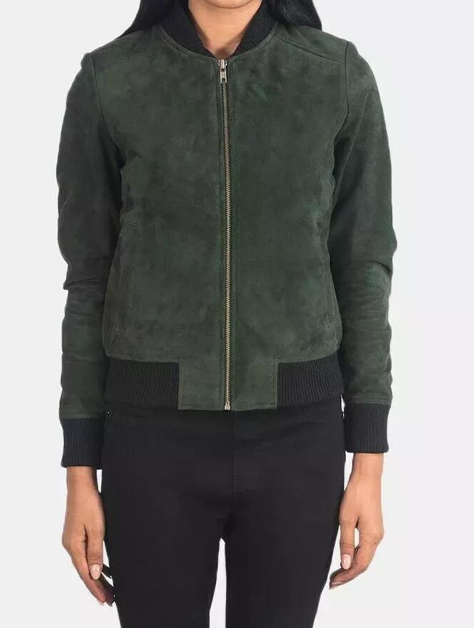

Модная женская куртка-бомбер из зеленой замши ручной работы на молнии из натуральной кожи стильная 3XL зелёный