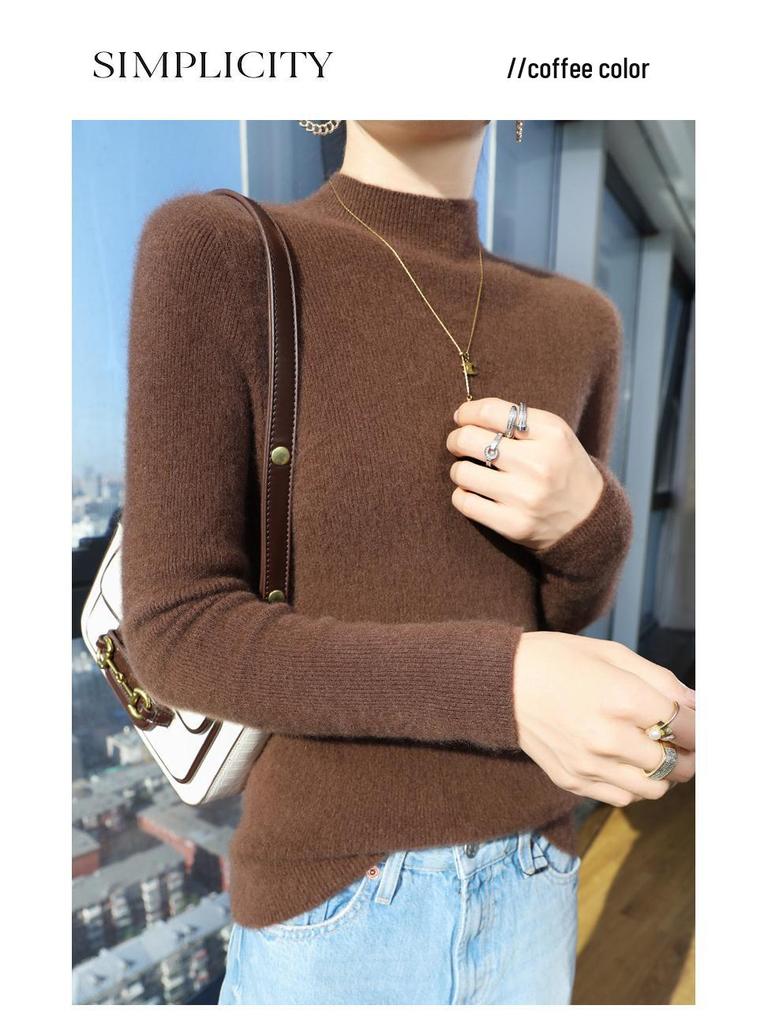 Women's 2025 Autumn/Winter Half-High Ribbed Slim-Fit Knit Sweater