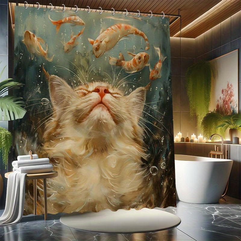 Whimsical Cat Shower Curtain Set, Floating Feline with Koi, Oil Painting Style,  Waterproof Polyester, Modern Bathroom Decor