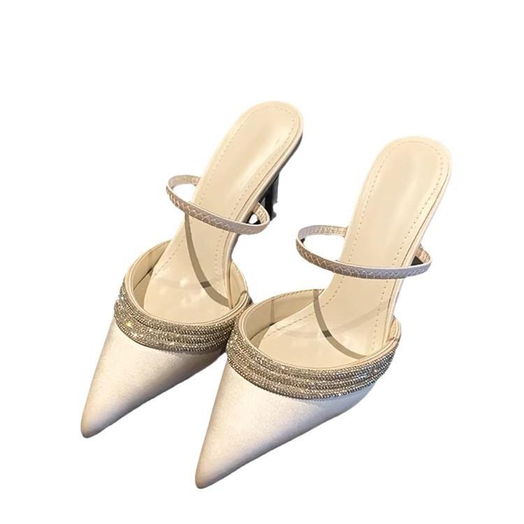 Shallow mouth rhinestone one-word belt half-drag sandals women's 2025 spring new pointed purple thin heel high heel satin sandals