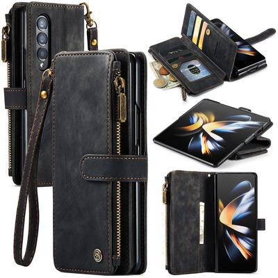 Voor Samsung Galaxy Z Fold 3/4 Portemonnee Hoesje, Duurzaam PU-leer Magnetische Portemonnee Flip Lanyard Strap Polsbandje Rits Kaarthouder Hoesje