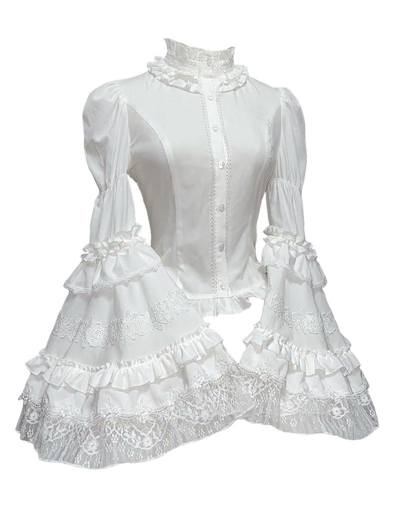 Jundakara Back Princess Sleeve Lolita Floral Puff Long Cute French Student Size L Women's Lace-Up Blouse, Stand-Up Collar, Style, Print, Lace,