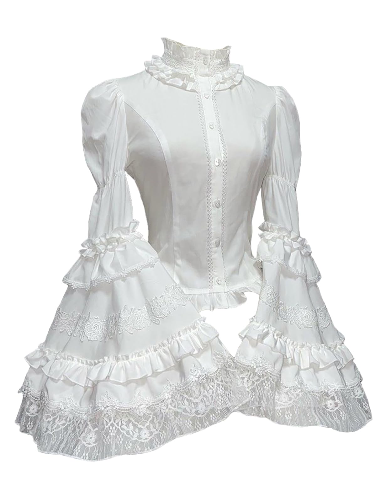 

Jundakara Back Princess Sleeve Lolita Floral Puff Long Cute French Student Size L Women s Lace-Up Blouse, Stand-Up Collar, Style, Print, Lace, белый