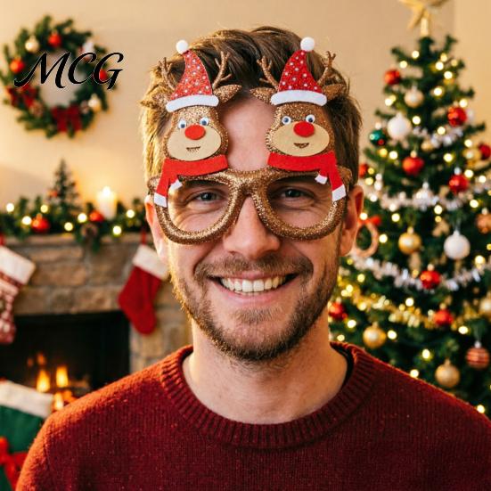 Glitter Christmas Glasses Glasses, Holiday Party Frames, Santa Hat 3D Tree Snowman Bear Funny Eyeglasses for Favors Kids And Adult