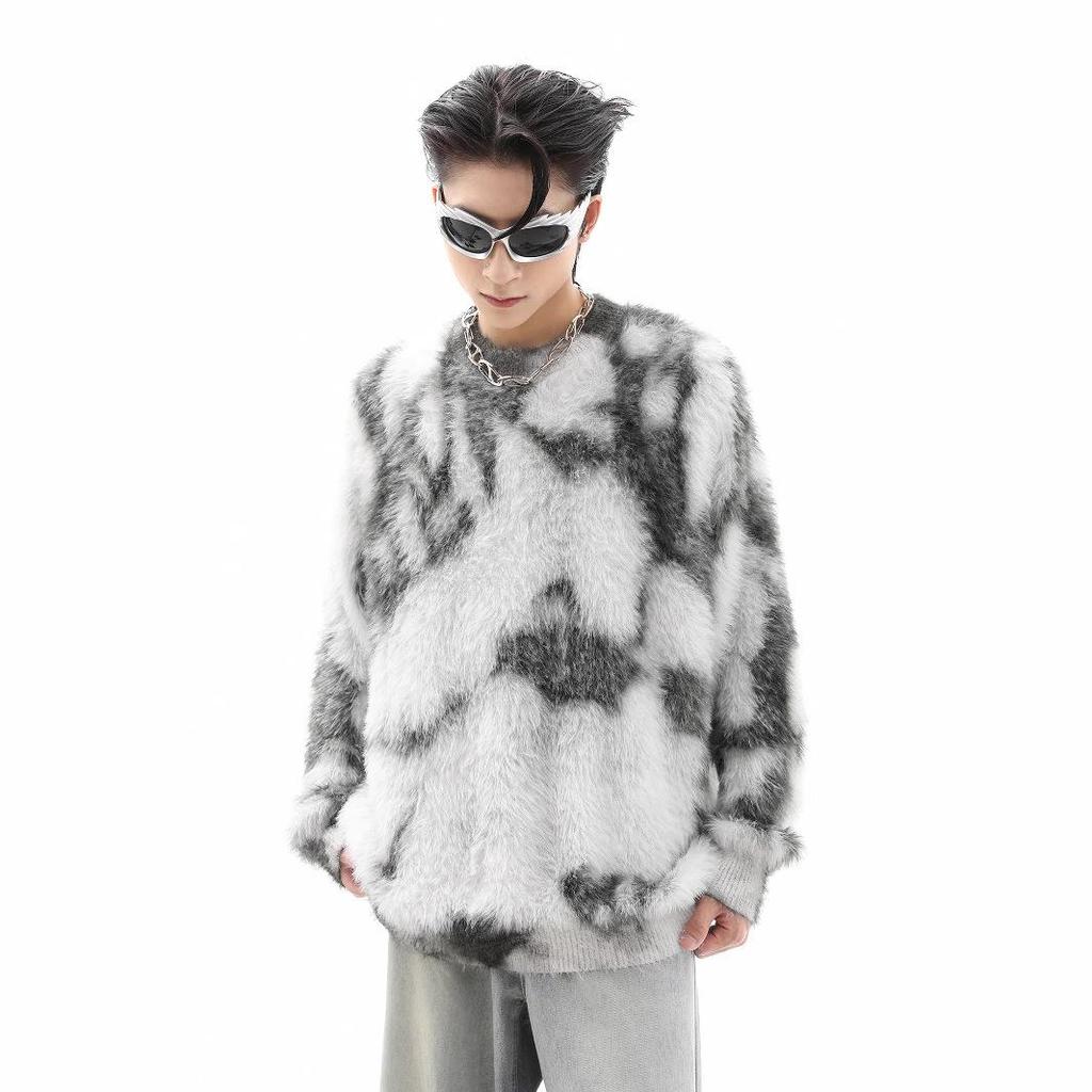 High Street Trendy Tie-Dye Faux Mink Men’s Loose Winter Sweater - Soft, Fluffy, Long Sleeve, Round Neck