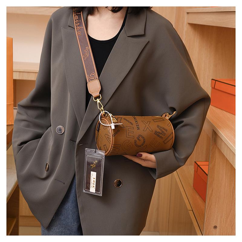 Soft Leather Crossbody Bags For Women Fashion Printed Cylindrical Barrel Messenger Bag Ladies Wide Strap Shoulder Bag