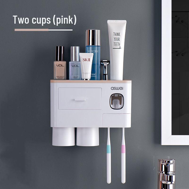 Drawer-Style Wall-Mounted Toothbrush Holder Set with Magnetic Suction Mouthwash Cup