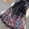 Vintage Black Floral Printted Maxi Dress Long Chiffon Sleeve Elegant Spring Palace Print Single-breasted Shirt Dress with Belt