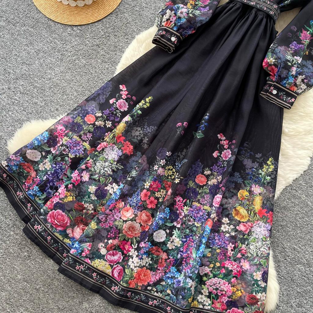 Vintage Black Floral Printted Maxi Dress Long Chiffon Sleeve Elegant Spring Palace Print Single-breasted Shirt Dress with Belt