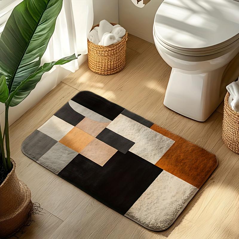 Modern Geometric Checkered Printed Flannel Bath Mat With Earth Tones And Minimalist Design Soft Non Slip Rug For Bathroom