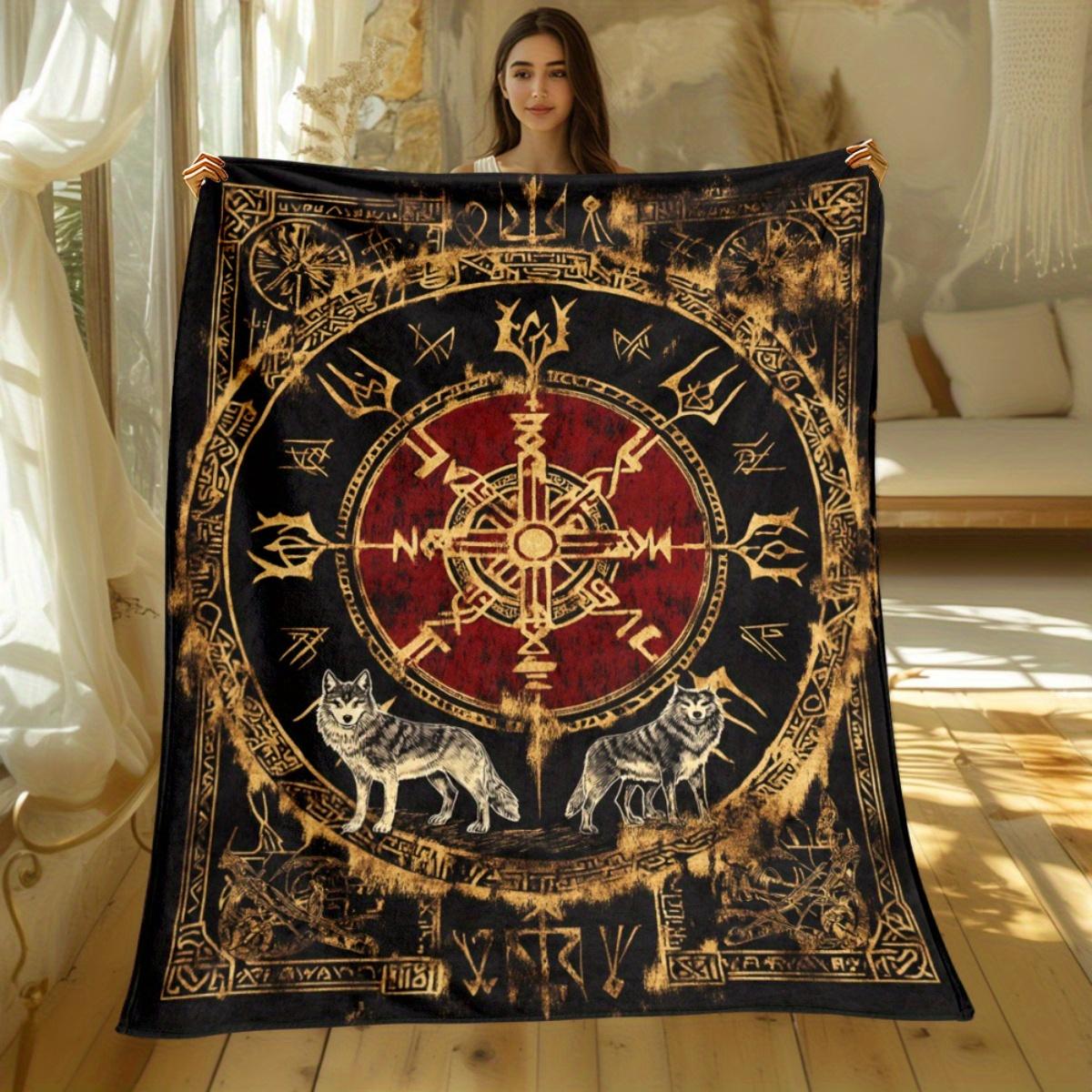 

Wolves and Rune Patterns Flannel printed blanket suitable for all seasons suitable for living room office sofa and travel 75x100cm