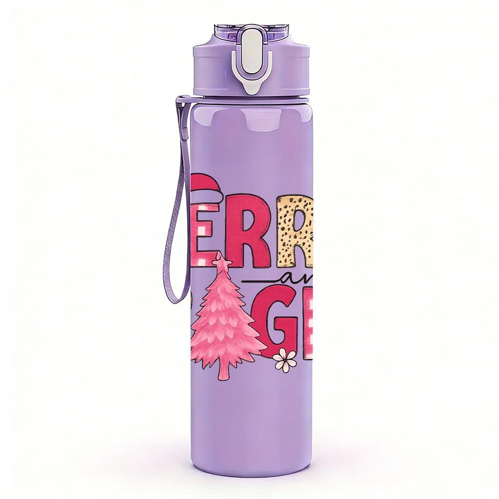 1PC Merry Bright Letter Art 750ml Color Plastic Sports Water Bottle Leakproof Flip Straw Lid Suitable for Sports Office Home Use