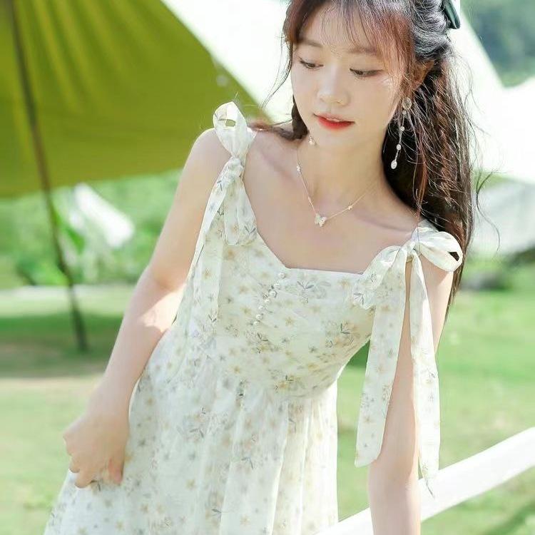 2026 Summer Fairy Floral Lace-up Bowknot A-line Camisole Dress