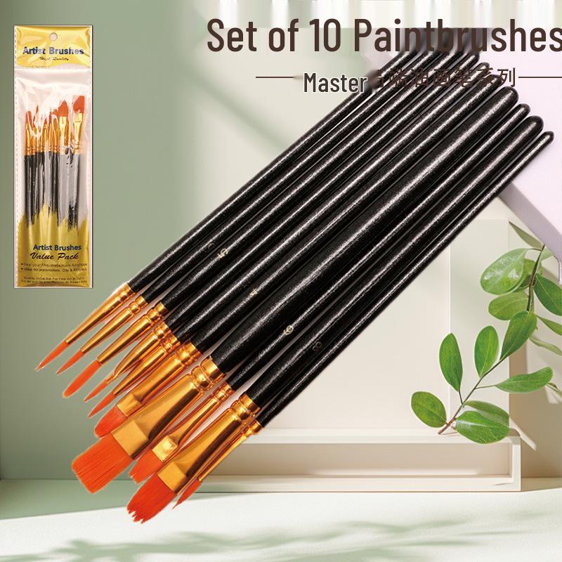 10-Piece Wood Handle Digital Oil, Gouache, and Watercolor Painting Brush Set чёрный