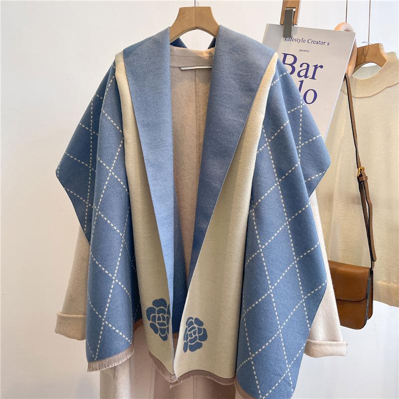 New Versatile Imitation Cashmere Scarf Women's Winter Plaid Flower Long Shawl Student Scarf Thickened Scarf