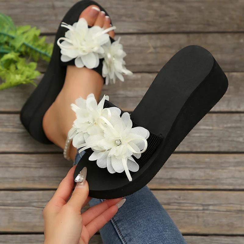 Fashion Fashion Flower Wedges High Heel Home Slippers Women Summer Thick Sole Pull On Shoes Ladies Beach Casual Flat Slippers Mujer