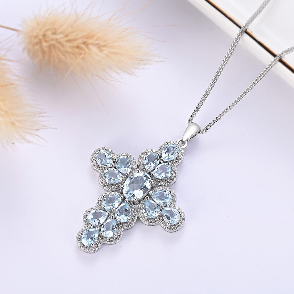 S925 Silver Pendant Necklace,cross Deisgn with Natural Real Gemstone Sky Blue Topaz Fine Jewelry Elegant and Noble Female Gift