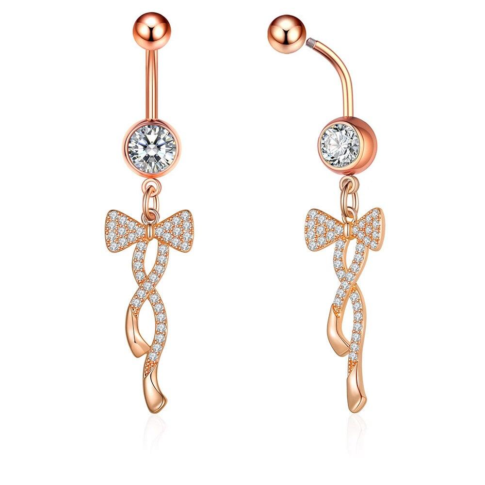 Bow Twist Navel Belly Ring 1.6*10mm Curved Barbell Dangled Belly Button Ring 14G Stainless Steel Zircon Crystal Body Piercing