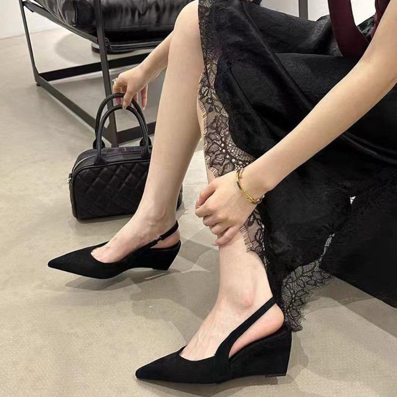 

Pointed Toe High Heels Women s French New Spring Wedge Back Trip Strap Wrapped Toe Sandals 41 чорний