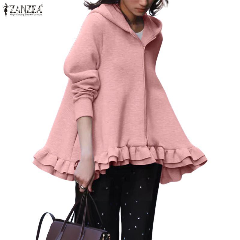 ZANZEA Dámské podzimní zimní ležérní mikiny s dlouhým rukávem a kapucí, svrchní oděv