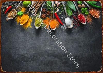 Kitchen Themed Wall Art Decor Colorful Spice and Spoon In Table Metal Tin Sign Food Cooking Ingredients Metal Art Print Decor