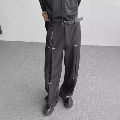 Men's Korean PU Leather Patchwork Wide-Leg Trousers with Autumn Metal Airplane Button Design