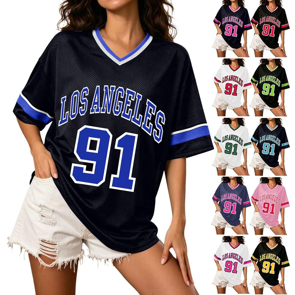 Women’s Short Sleeve V Neck Letter Print Sports Jersey Top Loose Mesh Shirt 91 Casual Style