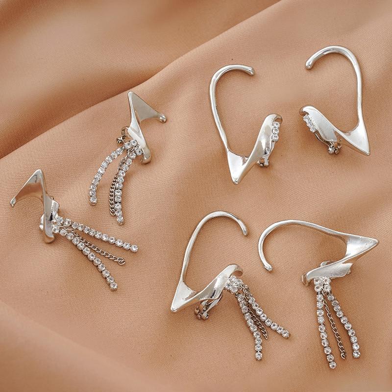 Punk Elf Ear Cuff Fake Piercing Dangle Earrings Silver Tassel Clip On Earrings Unique Fairy Ears Goth Jewelry Dropshipping