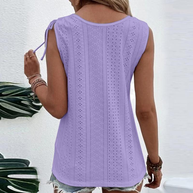 U Neck Summer Women Hollow Out Tank Tops Sweet Solid Color Sleeveless Blouse Fashion Elegant Buttons Shirts Large Size Office Simple Casual Clothing